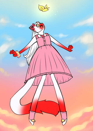 Red in the sky with a butterfly above her. Made by Cloudbrooks.